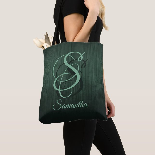 Striped forest green stylish rustic monogram tote bag (Close Up)