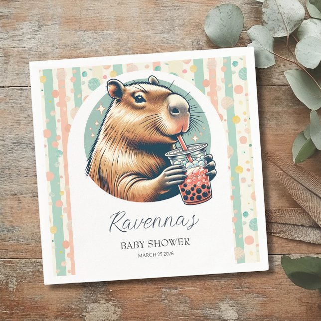 Striped Funny Capybara Personalized Baby Shower Napkin (Creator Uploaded)