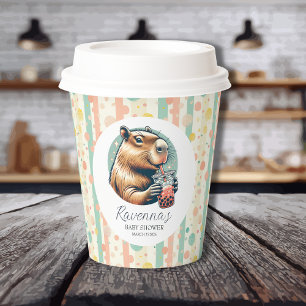 Striped Funny Capybara Personalized Baby Shower Paper Cups