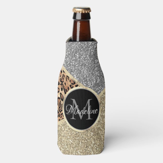 Striped Glitter Leopard Monogram Bottle Cooler (Bottle Front)