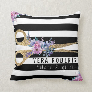 Striped Glitter Scissor Beauty Salon floral Throw Pillow