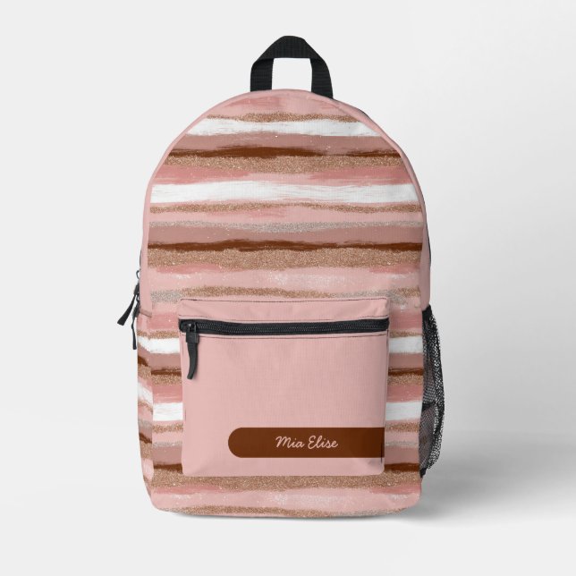 Striped Gold Glitter Pink Custom Printed Backpack (Front)