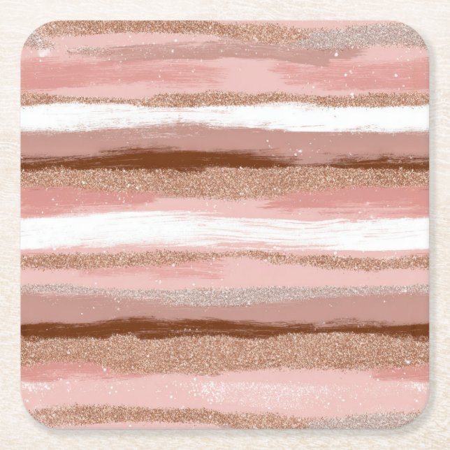 Striped Gold Glitter Pink Paper Coaster (Front)