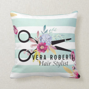 Striped Gold Scissor & Beauty Salon floral Throw Pillow