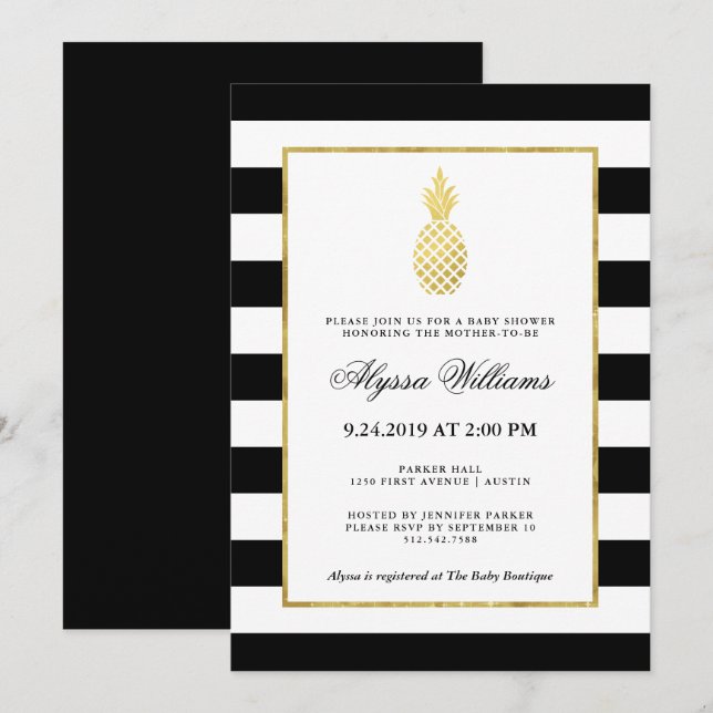 Striped Golden Pineapple Tropical Baby Shower Invitation (Front/Back)