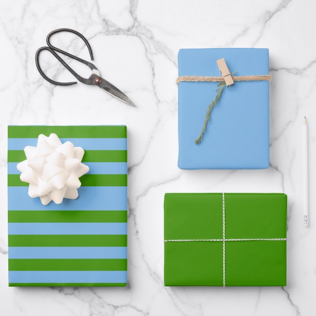 Striped Grass Green and Denim Blue Wrapping Paper (Front)