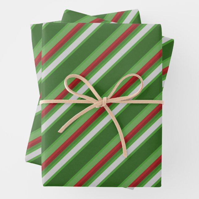 Striped Green, Red and White Christmas  Wrapping Paper Sheet (In situ)