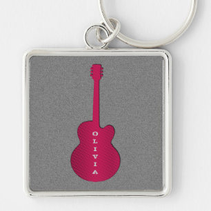 Striped Guitar Keychain, Hot Pink Keychain
