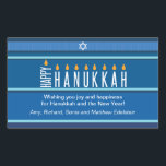 Striped Hanukkah Candles Sticker<br><div class="desc">A menorah is rendered using typography on this striped Hanukkah sticker. The word "Happy" is on its side serving as the Shamash, while the other letters spelling out "Hanukkah" serve as the eight Hanukkah candles. The blue tonal striped background is reminiscent of a tallit. Add a personal message below. Great...</div>