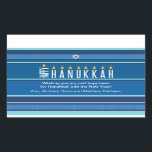 Striped Hanukkah Candles Sticker<br><div class="desc">A menorah is rendered using typography on this striped Hanukkah sticker. The word "Happy" is on its side serving as the Shamash, while the other letters spelling out "Hanukkah" serve as the eight Hanukkah candles. The blue tonal striped background is reminiscent of a tallit. Add a personal message below. Great...</div>