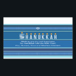 Striped Hanukkah Candles Sticker<br><div class="desc">A menorah is rendered using typography on this striped Hanukkah sticker. The word "Happy" is on its side serving as the Shamash, while the other letters spelling out "Hanukkah" serve as the eight Hanukkah candles. The blue tonal striped background is reminiscent of a tallit. Add a personal message below. Great...</div>