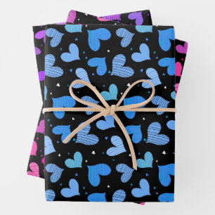 Striped Hearts Blue Wrapping Paper Sheet