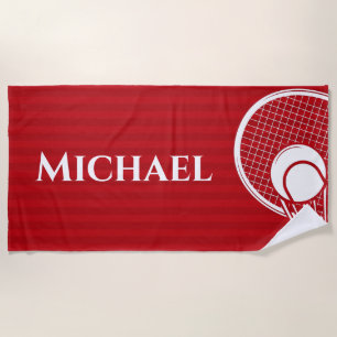 Striped Intense Red Tennis Racket & Ball Elegant  Beach Towel
