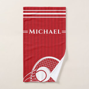 Striped Intense Red Tennis Racket & Ball Elegant   Hand Towel