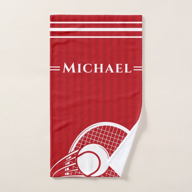 Striped Intense Red Tennis Racket & Ball Elegant   Hand Towel (Hand Towel)