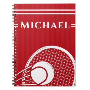 Striped Intense Red Tennis Racket & Ball Elegant Notebook
