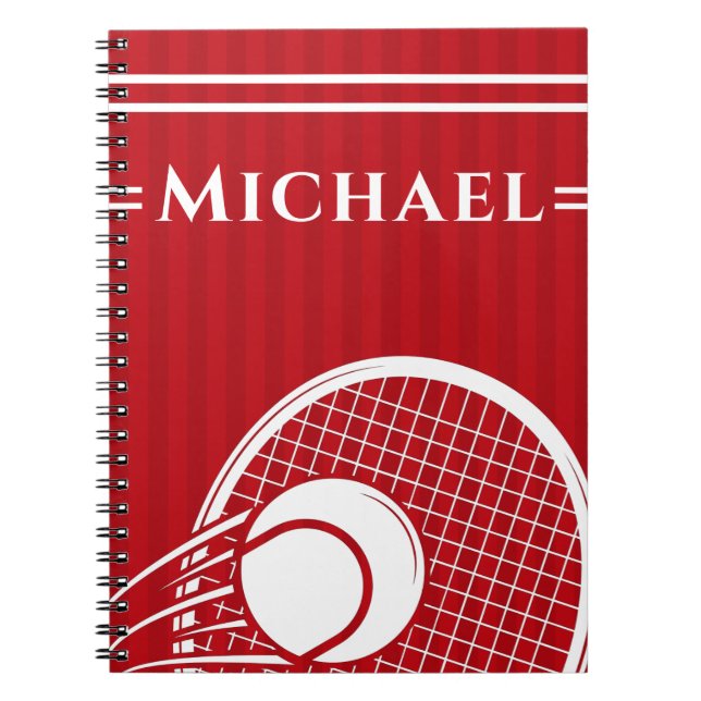Striped Intense Red Tennis Racket & Ball Elegant   Notebook (Front)