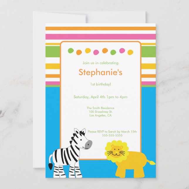 Striped Jungle Animals  Birthday Party Invitation (Front)