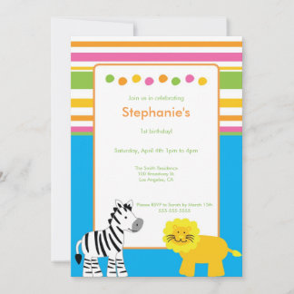 Striped Jungle Animals Birthday Party Invitation