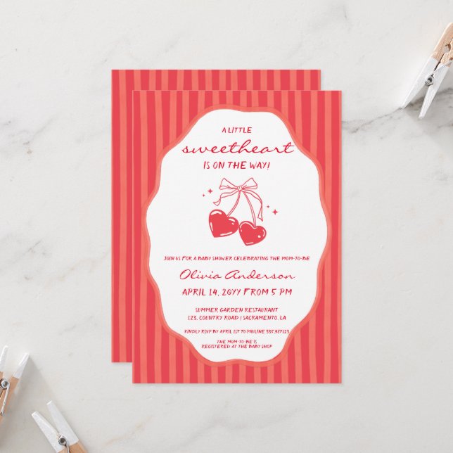 Striped Little Sweetheart Baby Shower Invitation (Front/Back In Situ)