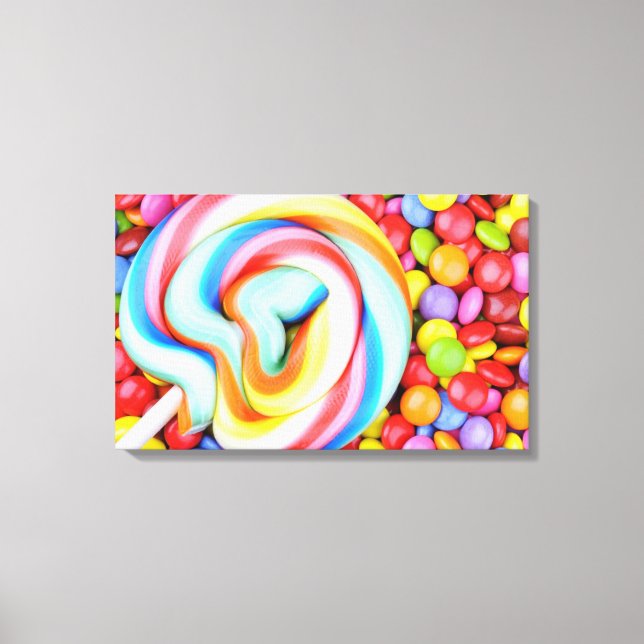 Striped Lollipop And Multicolored Smarties Canvas Print (Front)