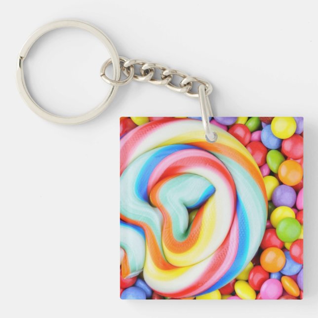Striped Lollipop And Multicolored Smarties Keychain (Front)