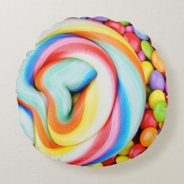 Striped Lollipop And Multicolored Smarties Round Pillow (Front)