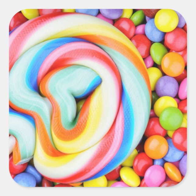 Striped Lollipop And Multicolored Smarties Square Sticker (Front)