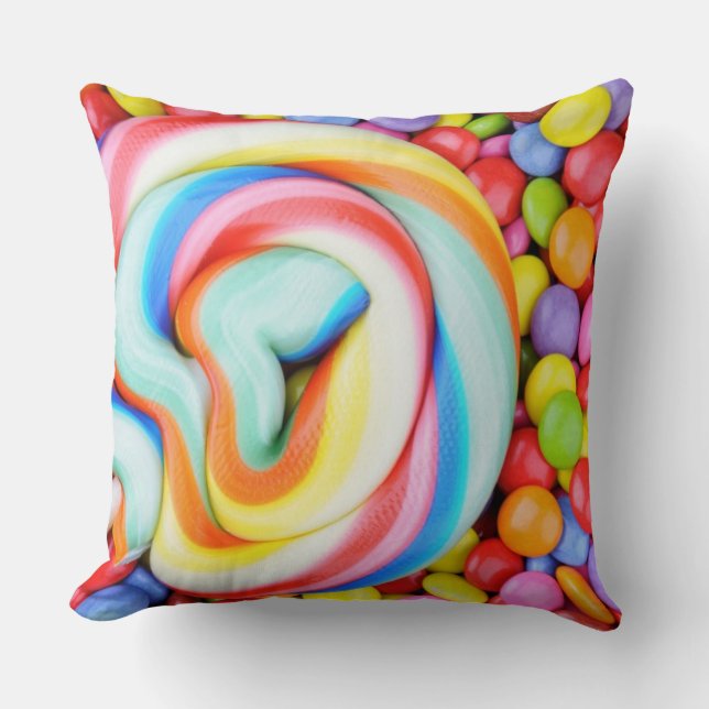 Striped Lollipop And Multicolored Smarties Throw Pillow (Front)