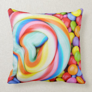 Striped Lollipop And Multicolored Smarties Throw Pillow