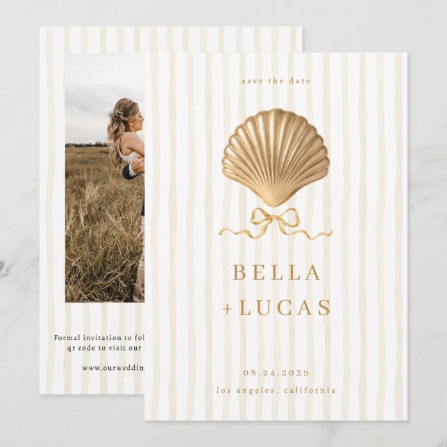 Striped Luxurious Coastal Gold Seashell Wedding Save The Date (Front/Back)