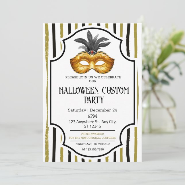 Striped Masquerade Halloween Costume Party  Invitation (Standing Front)