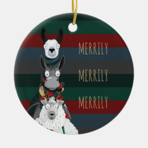 Striped "Merrily Merrily Merrily" Winter Animals Ceramic Ornament
