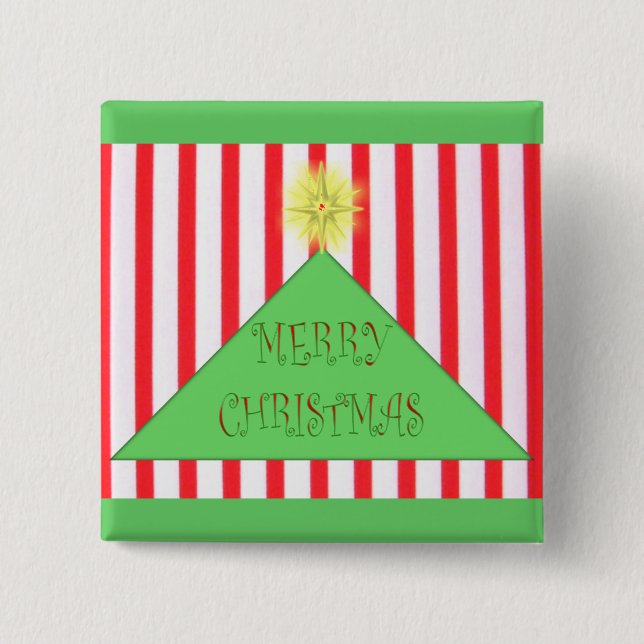 Striped Merry Christmas Tree 2 Inch Square Button (Front)