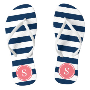 Striped Monogram in Coral & Navy Flip Flops