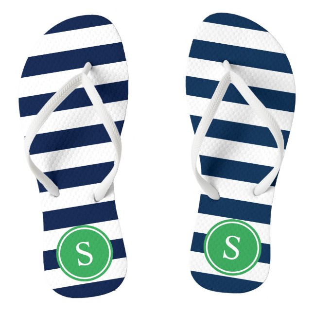 Striped Monogram in Navy & Green Flip Flops (Footbed)