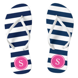 Striped Monogram in Navy & Pink Flip Flops