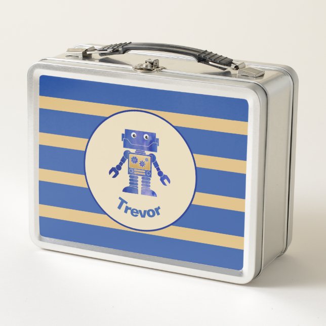Striped Monogrammed Blue Gold Robot with Name Metal Lunch Box (Front)