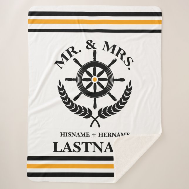 Striped Mr and Mrs Anchor Family Name Sherpa Blanket (Front)