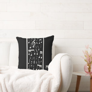 Striped Music Notes Black and White Throw Pillow