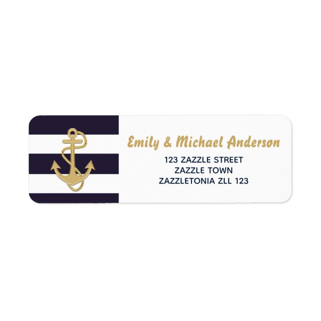 Striped Nautical Address Labels Anchor Navy Gold (Front)