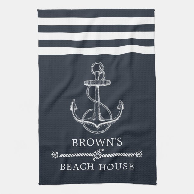 Striped Nautical Anchor Family Name Beach or Lake Kitchen Towel (Vertical)