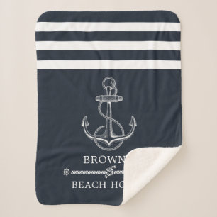 Striped Nautical Anchor Family Name Beach or Lake Sherpa Blanket