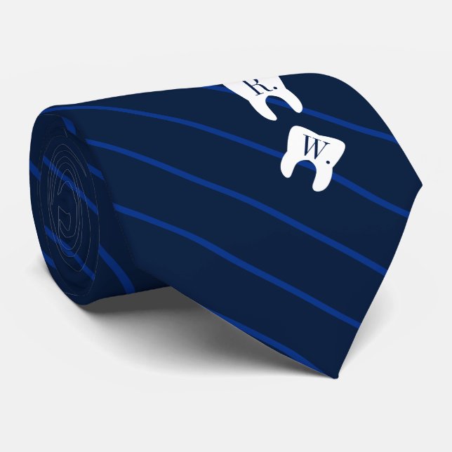 Striped Navy Dentistry Initialized Teeth Tie (Rolled)