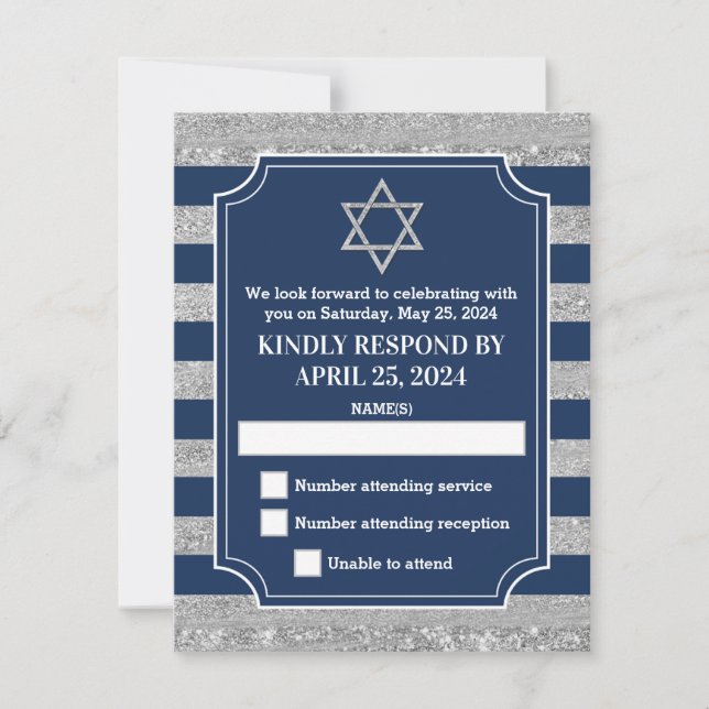 Striped Navy, Grey Bar Mitzvah RSVP Card (Front)