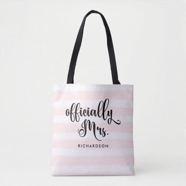 Striped Officially Mrs | New Bride Personalized Tote Bag (Front)