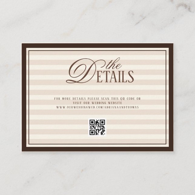 Striped Old Money Wedding QR code Details Enclosure Card (Front)