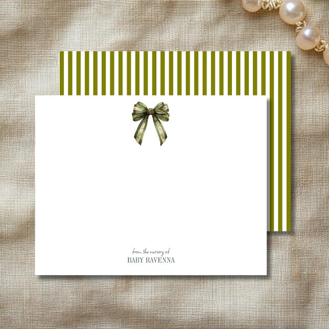 Striped Olive Green Bow Cute Nursery Note Card (Creator Uploaded)
