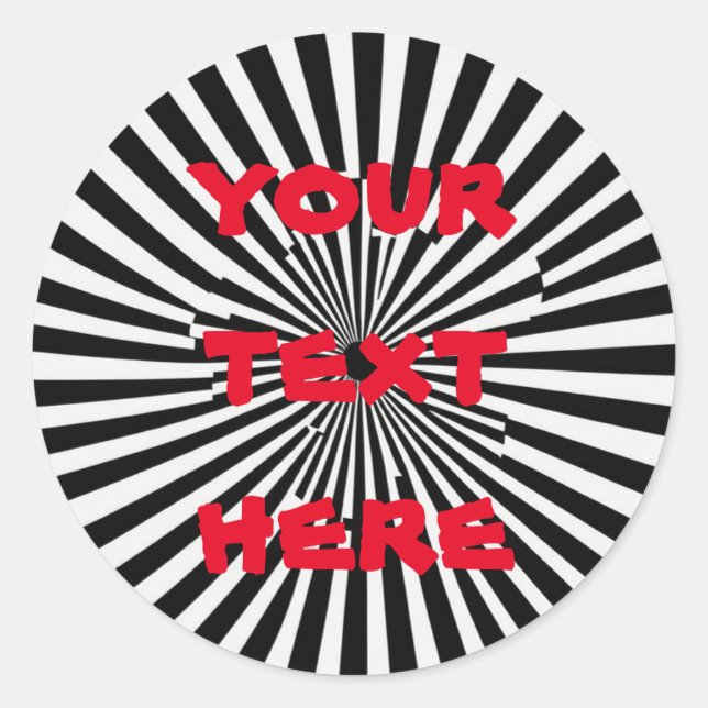 Striped Optical illusion black custom red text Classic Round Sticker (Front)