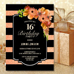 Striped Orange Floral 16th Birthday Party Invitation<br><div class="desc">Orange floral black striped 16th birthday party invitation.</div>